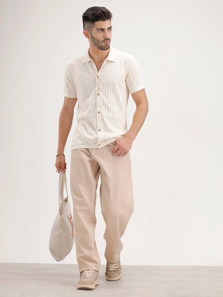 Slim Fit Textured Half Sleeve Shirt | Off White