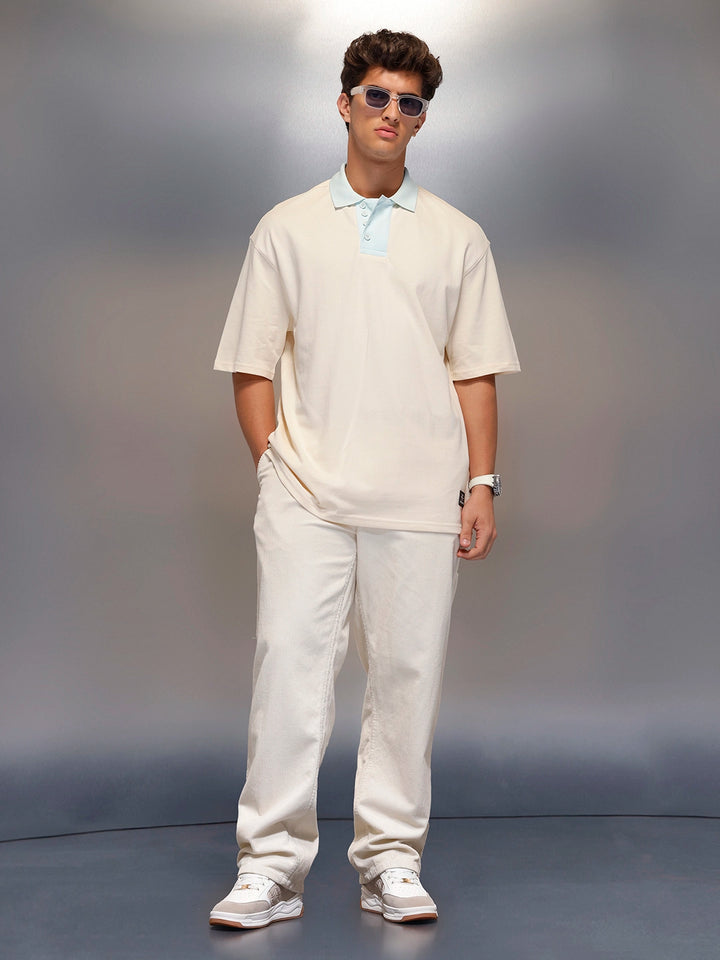Colour Blocked Oversized Polo T-Shirt   |  Beige