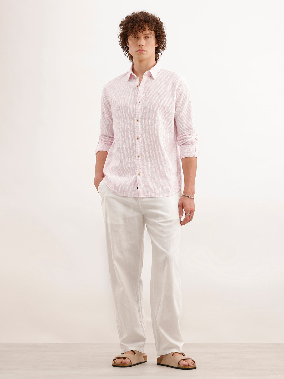 Slim Fit Textured Striped Shirt  | Pink