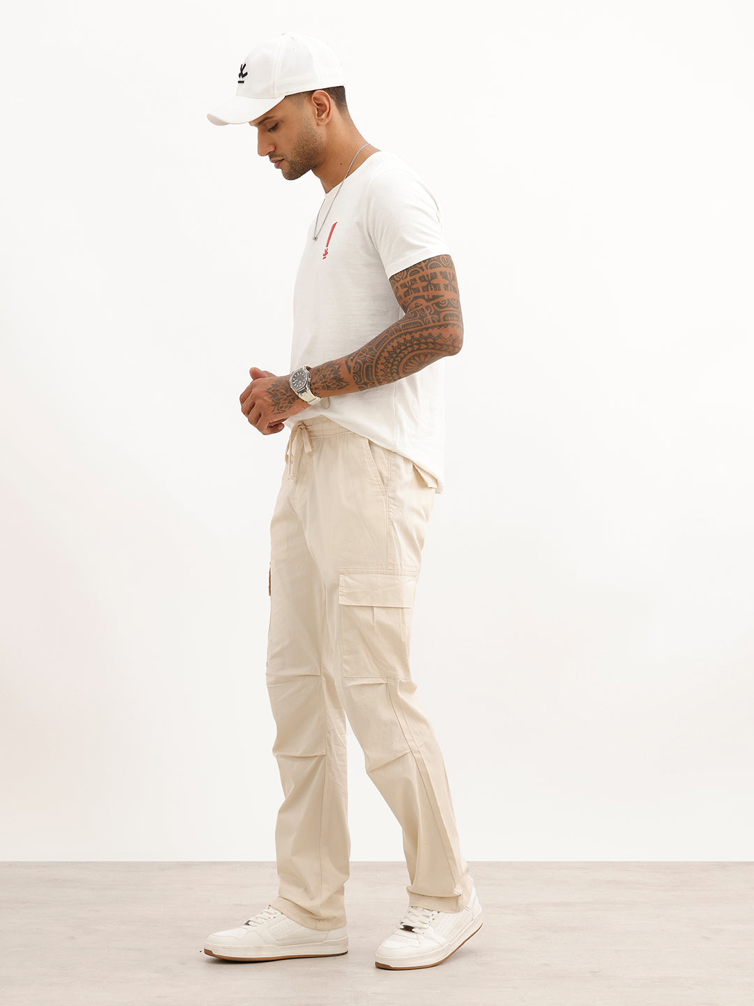 Solid Straight Fit Cargo Trouser | Beige