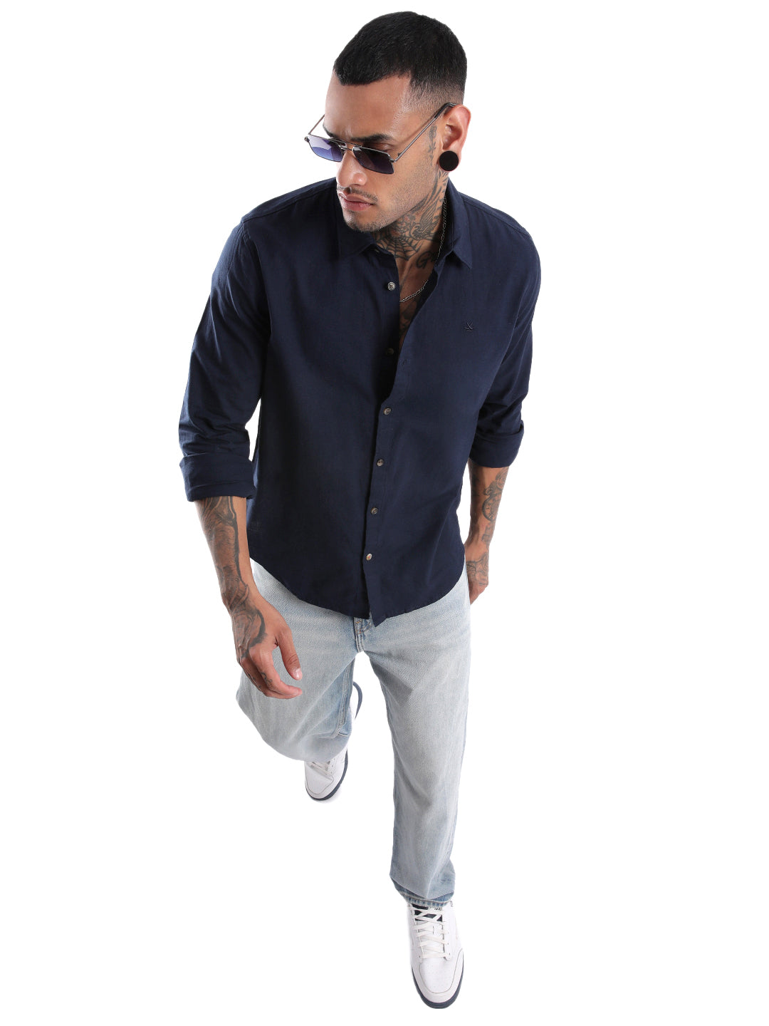 Solid Navy Cotton Linen Shirt