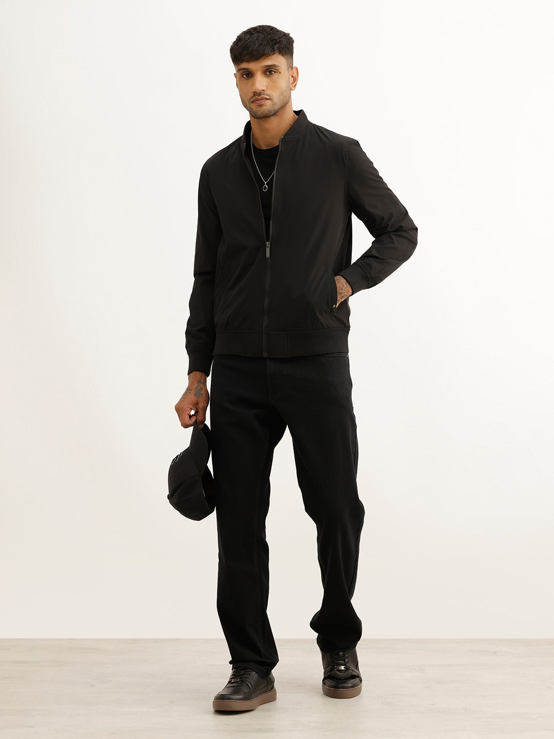 Solid Regular Fit Zipper Jacket | Black