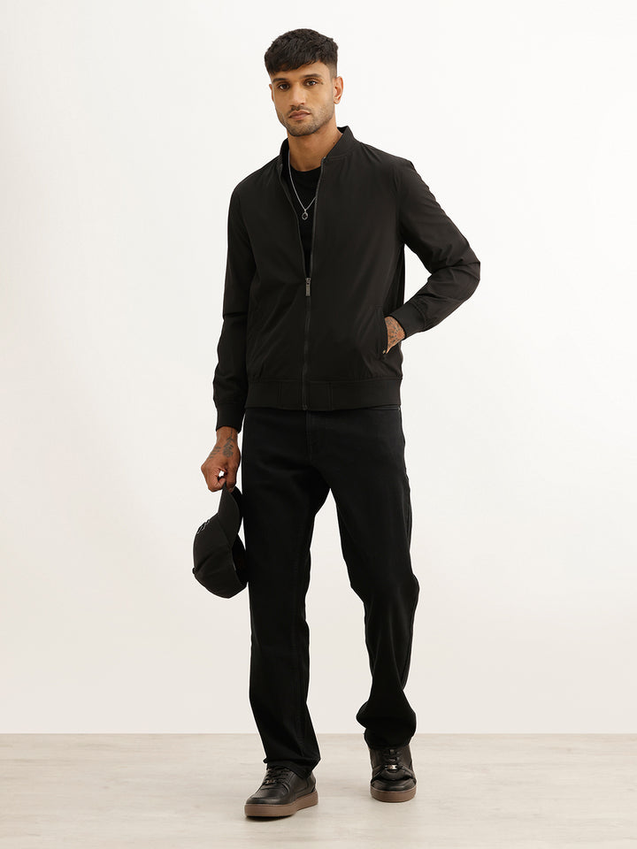 Solid Regular Fit Zipper Jacket | Black