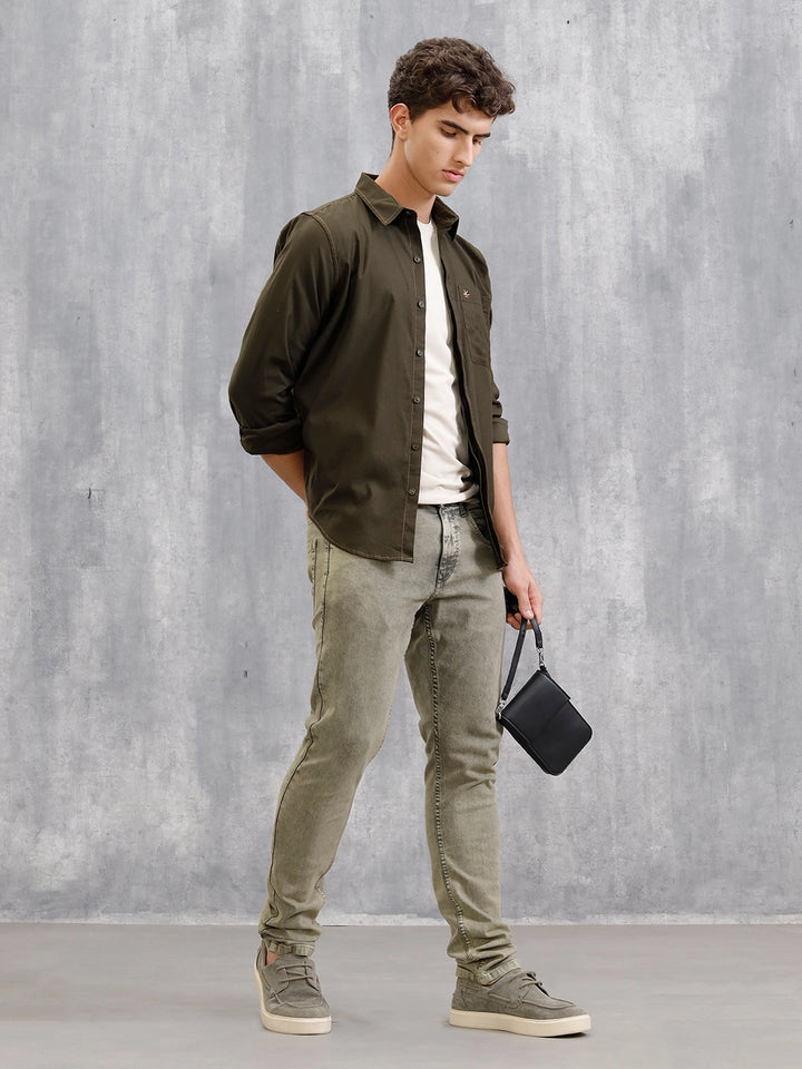 Retro Wash Overdyed Slim Fit Jeans | Olive