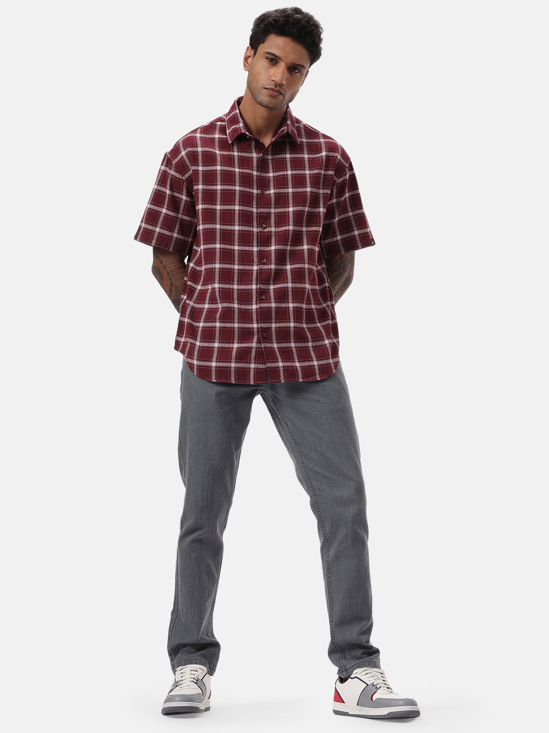 Maroon and White Checkered Casual Shirt