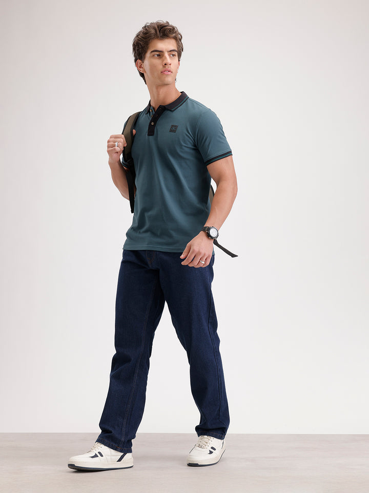 Solid Slim Fit Tipping Collar Polo T-Shirt  | Dark Green