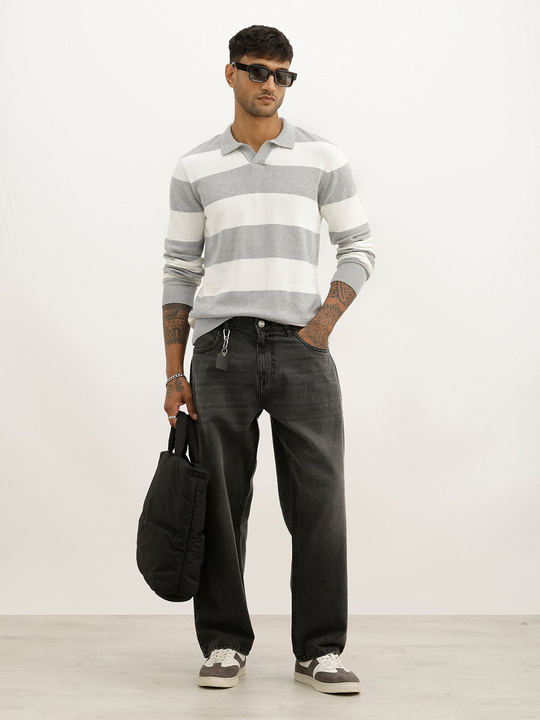 Slim Fit Striped Full Sleeve Polo T-Shirt | Grey