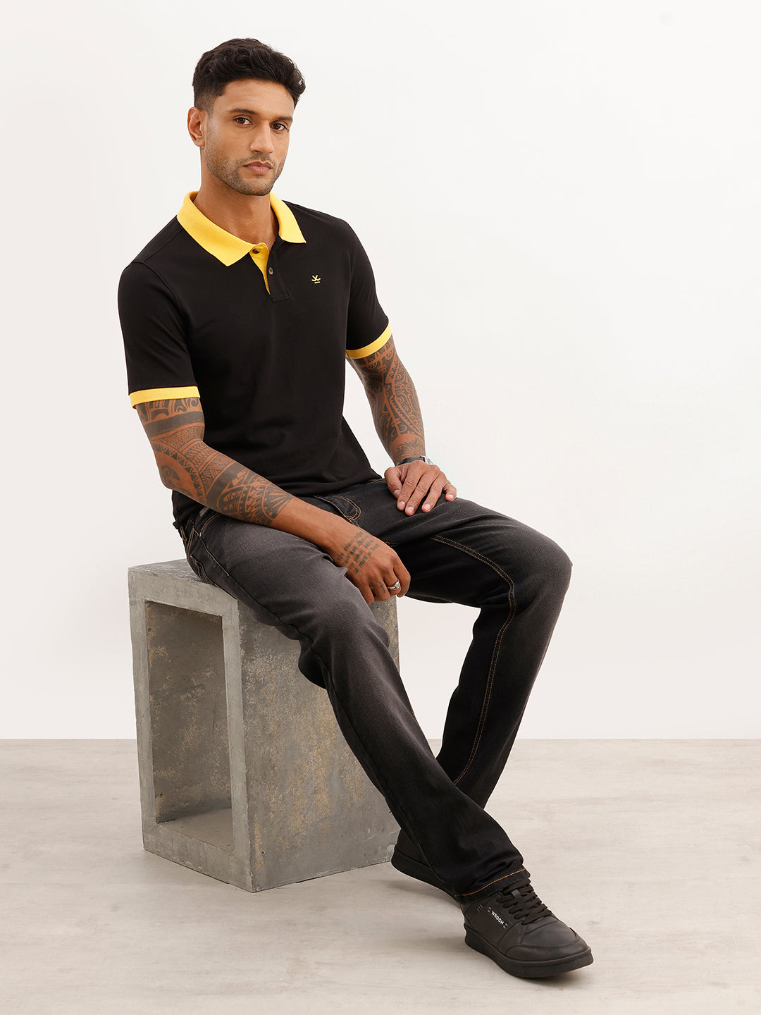 Slim Fit Contrast Collar Polo T-Shirt | Black