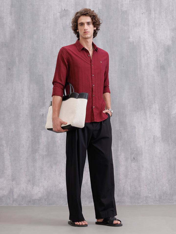Modal Blend Seersucker Shirt In Slim Fit | Dark Maroon