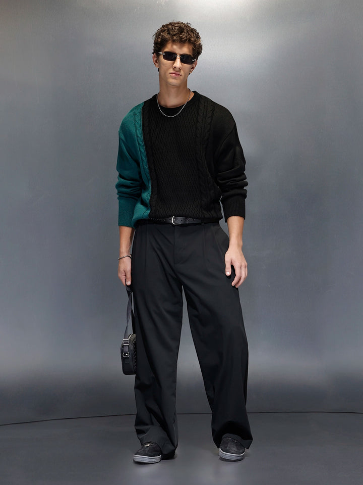 Men's Slim Fit Cable Knit Colorblocked Sweater  |  Black