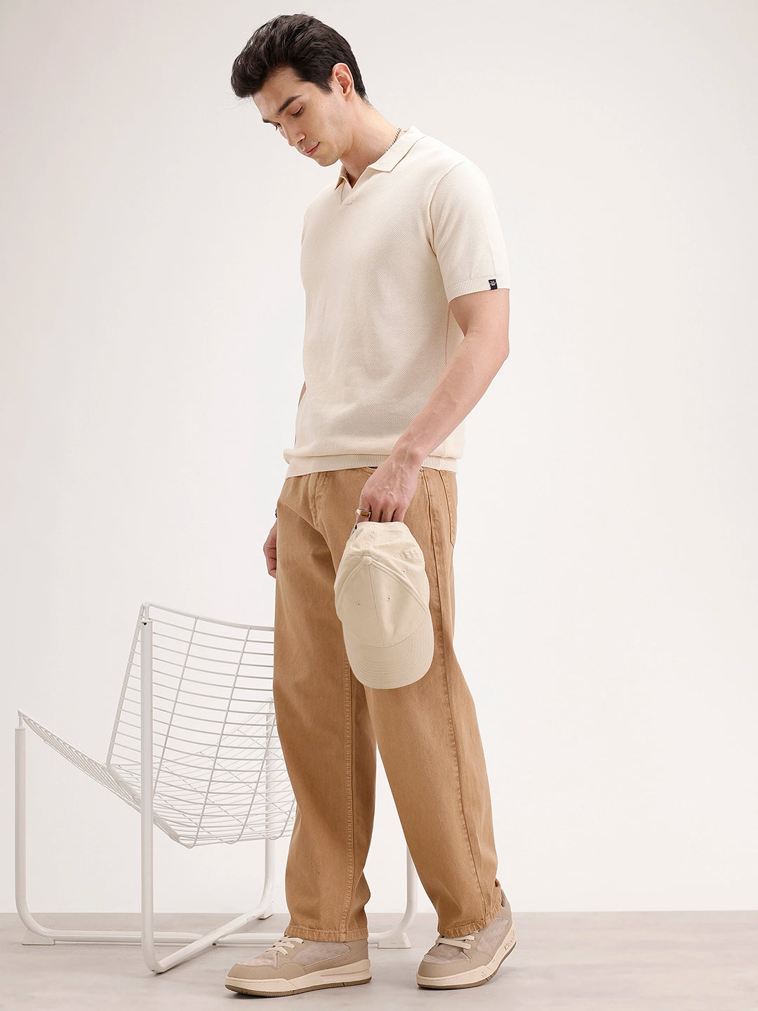 Slim Fit Flat Knit Polo T-Shirt | Beige