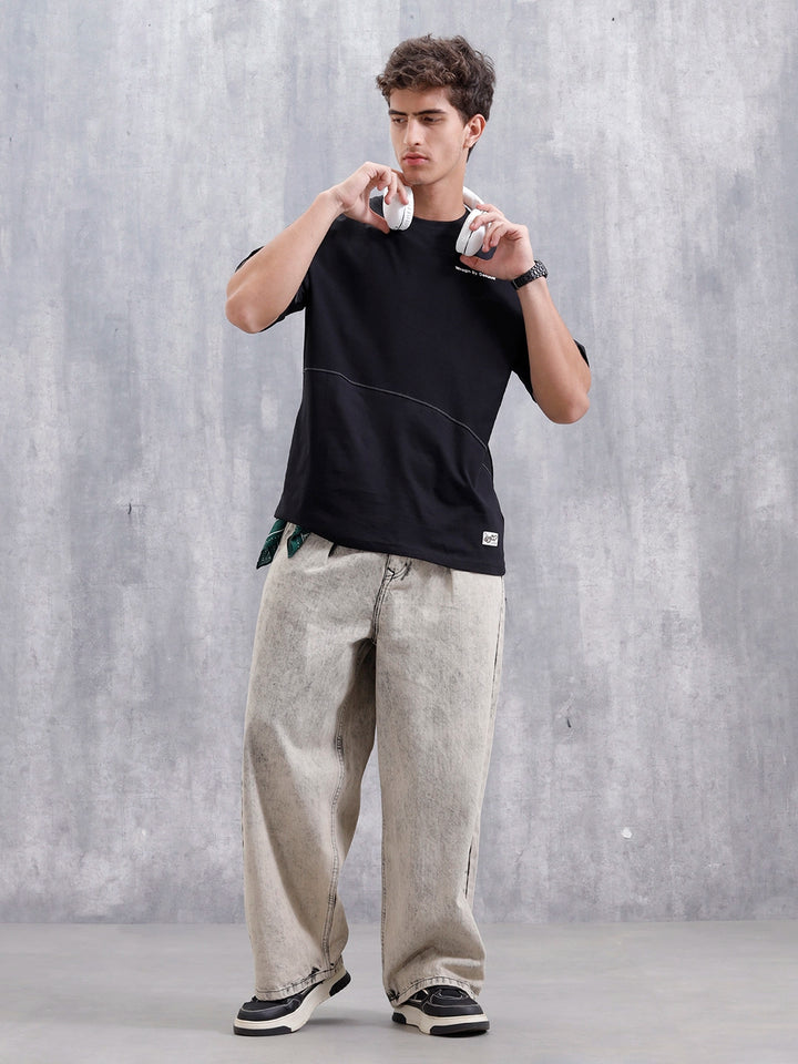 Casual Men Oversized Fit Tee With Flat Lock Detail | Black