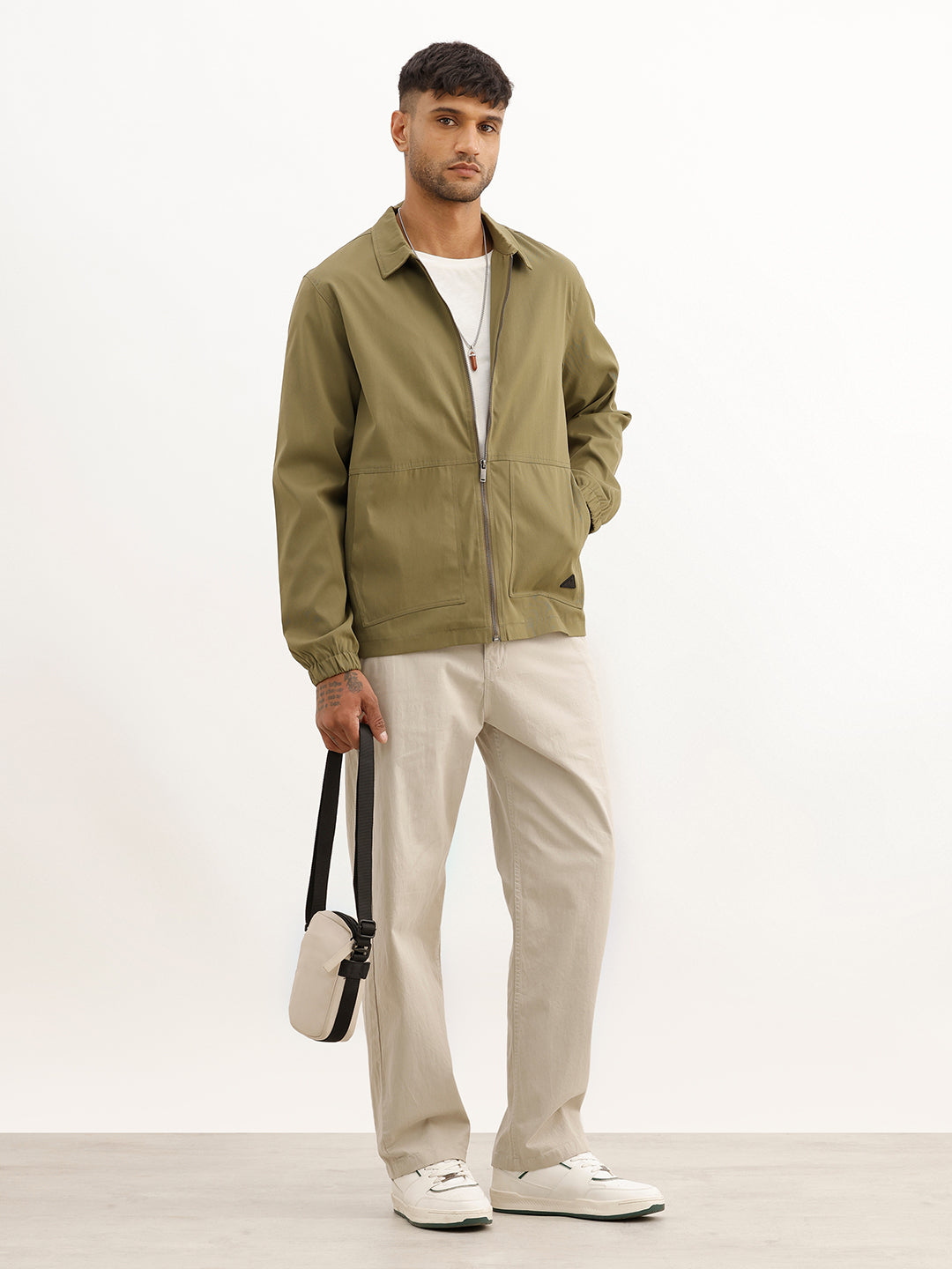 Solid Regular Fit Zipper Jacket | Olive