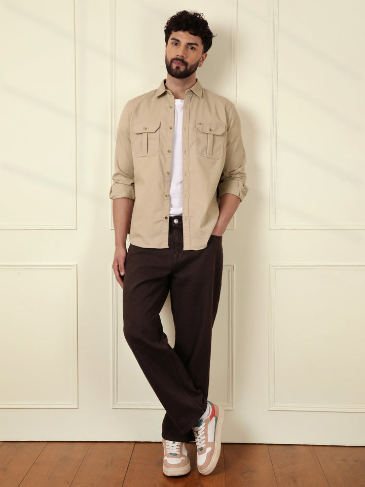 Fine Corduroy Slim Fit Shirt | Beige