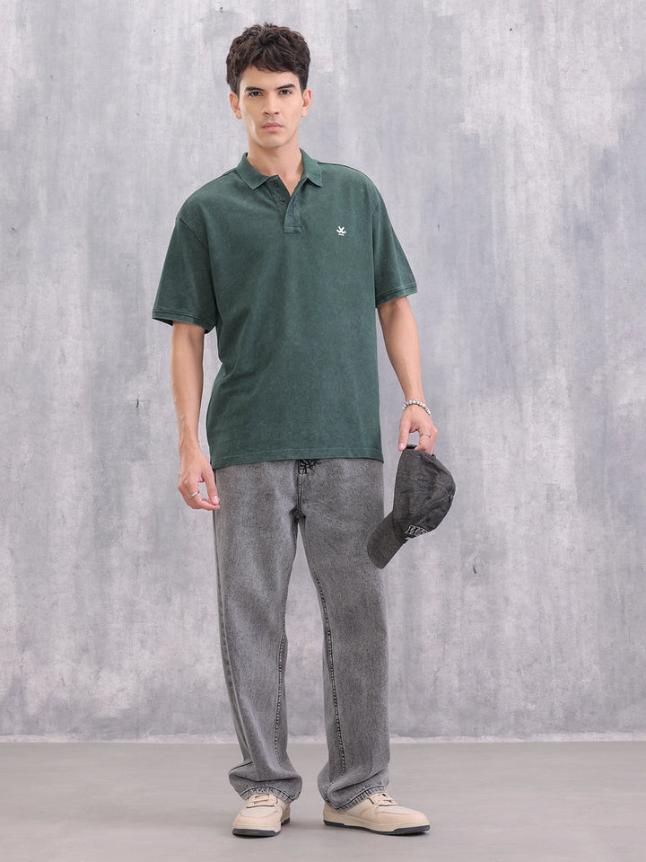 Washed Oversized Fit Back Printed Polo Collar T-shirt | Dark Green