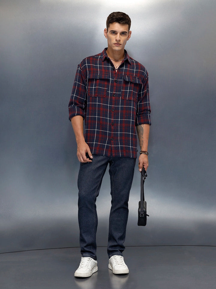 Men's Casual Oversized Fit Checkered Pattern Shirt | Navy Blue