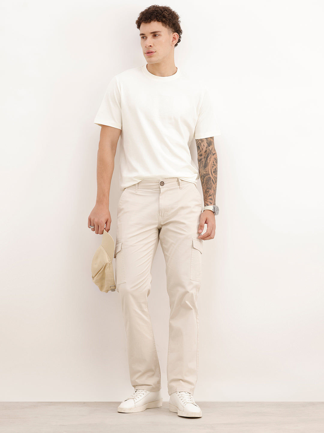 Solid Straight Fit Cargo Trouser | Beige | WVTR4001F