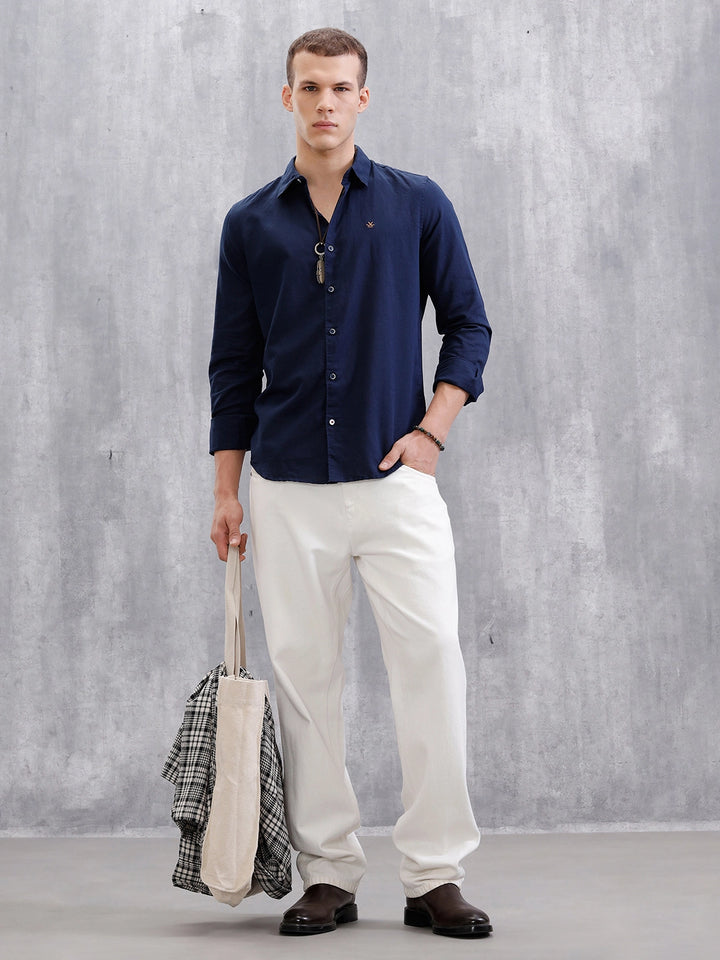 Solid Linen Blend Shirt  | Navy Blue