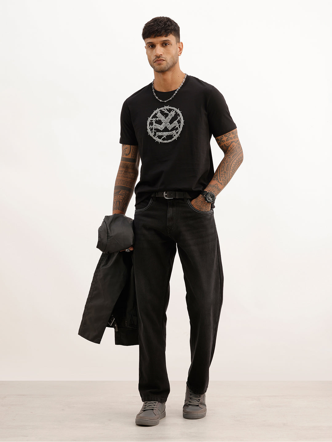 Slim Fit Placement Puffer Printed T-Shirt | Black