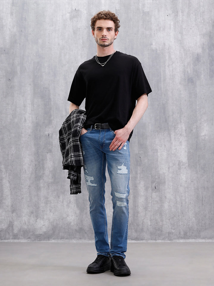 Heavy Distress Slim Tapered Jeans | Blue