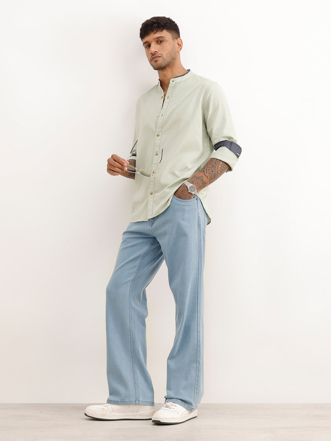 Solid Regular Fit Mandarin Collar Shirt | Light Green