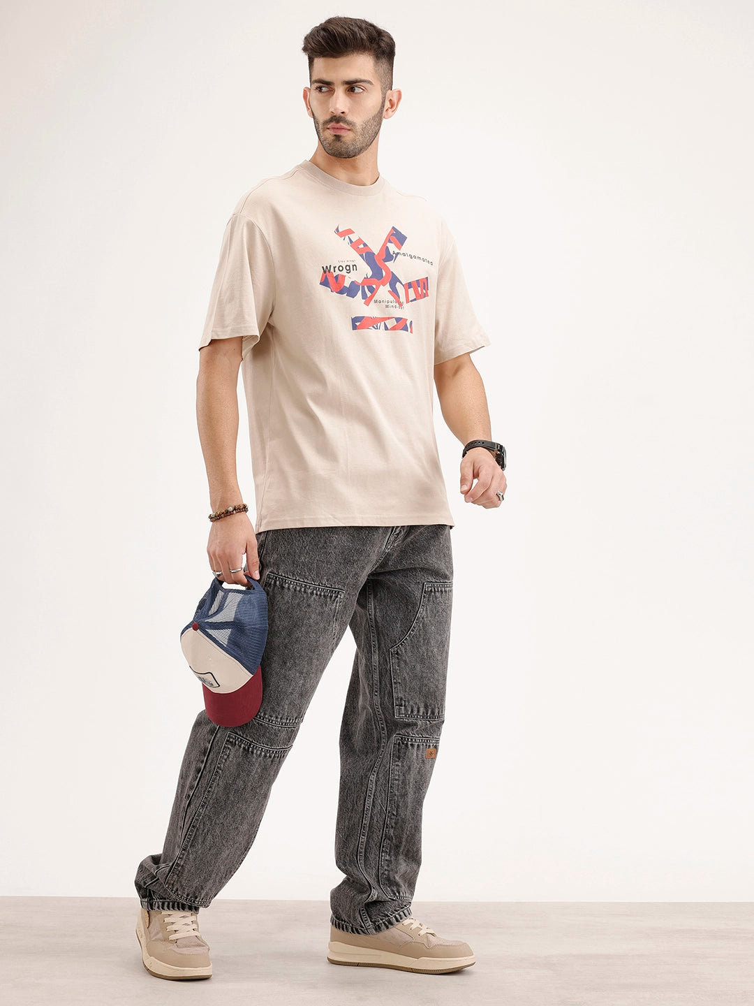 Oversized Placement Printed T-Shirt | Beige