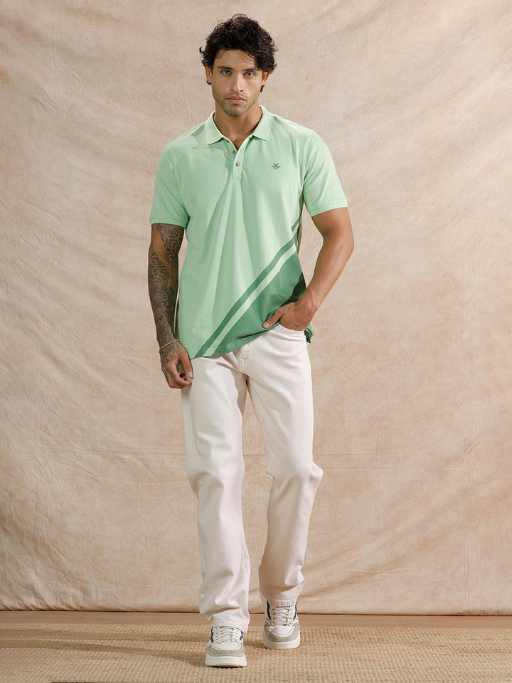 Diagonal Colour Blocked Polo T-Shirt | Light Green