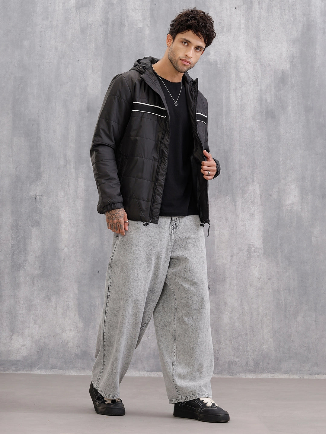 Quilted Jacket With Front Knitted Tape Detail | Black
