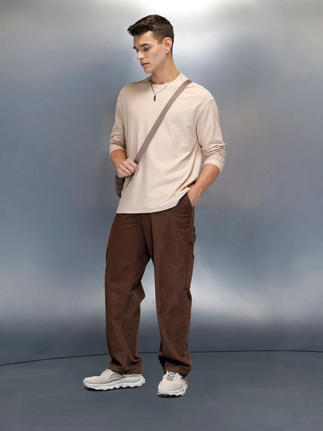Textured Men's Casual Oversized Fit T-Shirt | Beige