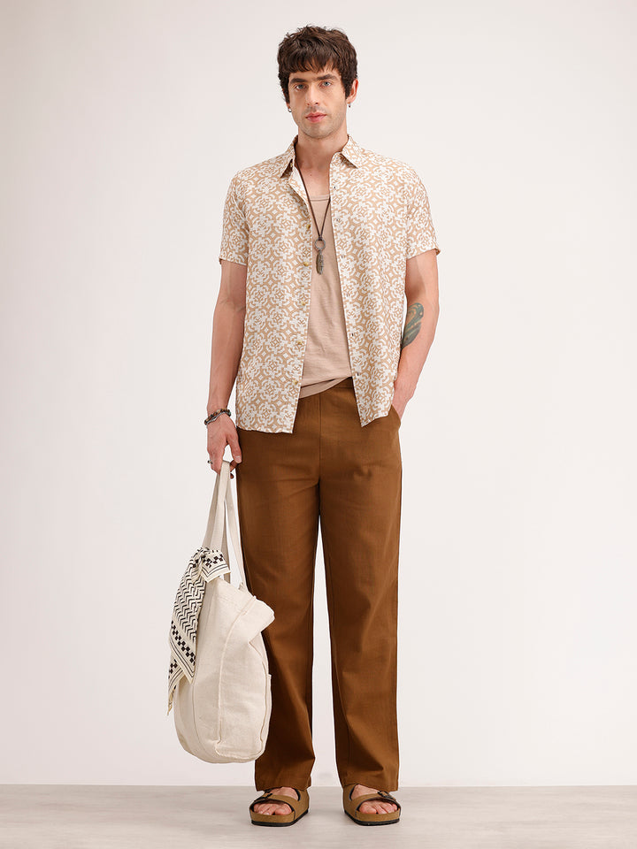 Slim Fit AOP Half Sleeve Shirt | Beige