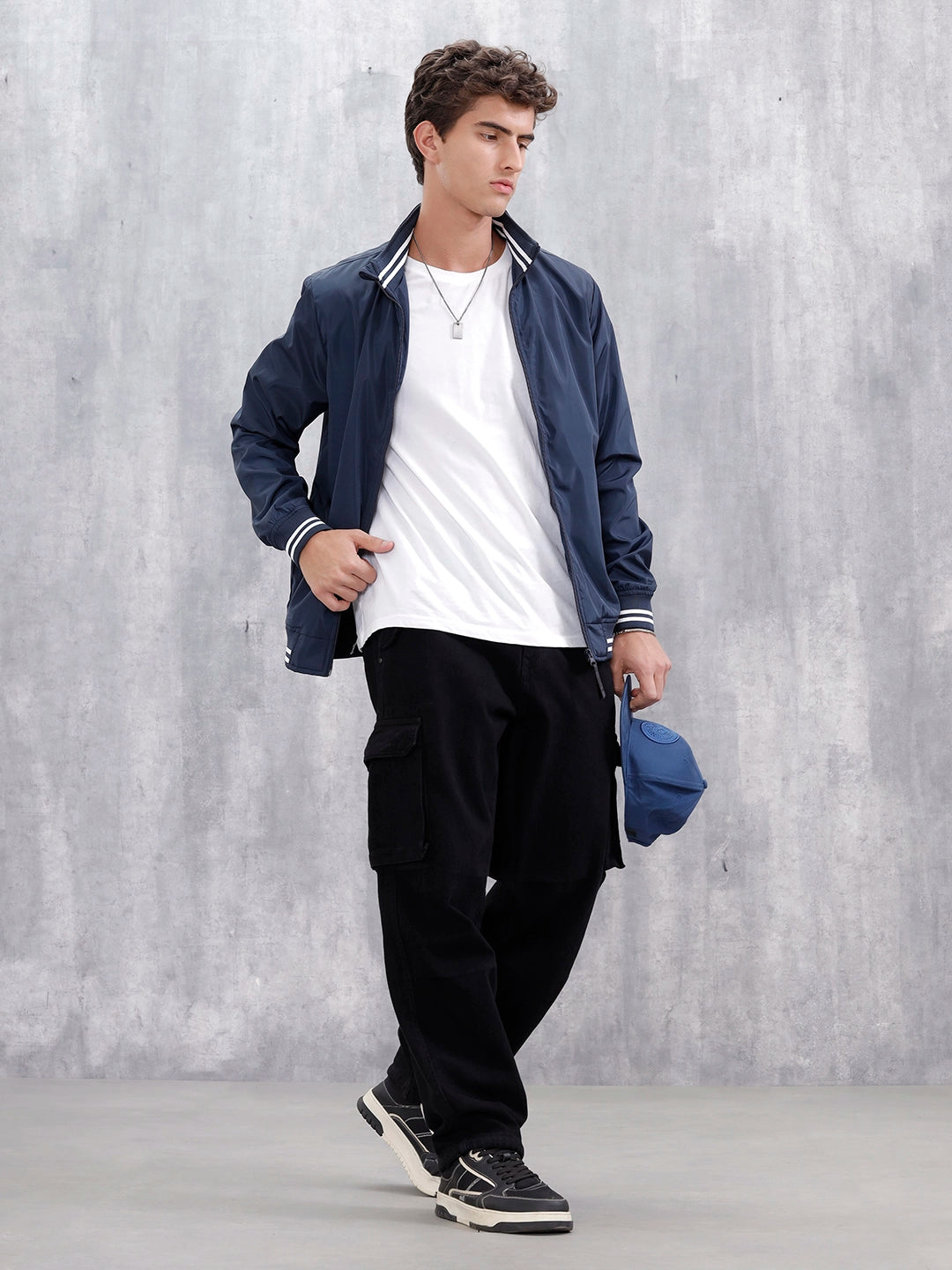 Men's Casual Zip-Up Jacket With Contrast Trim  | Navy Blue