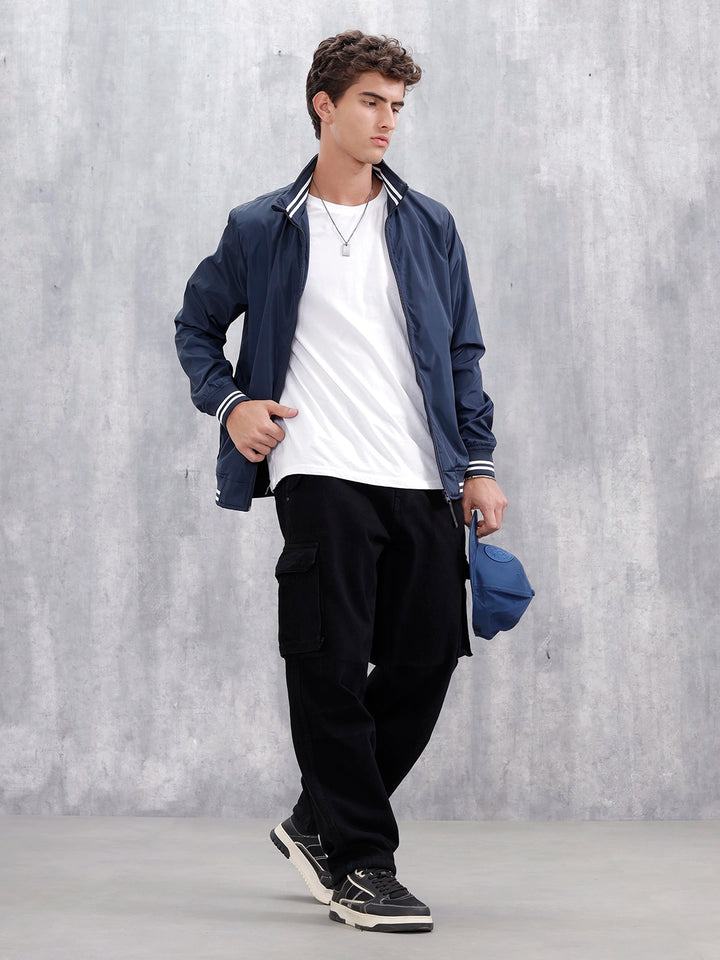 Men's Casual Zip-Up Jacket With Contrast Trim  | Navy Blue