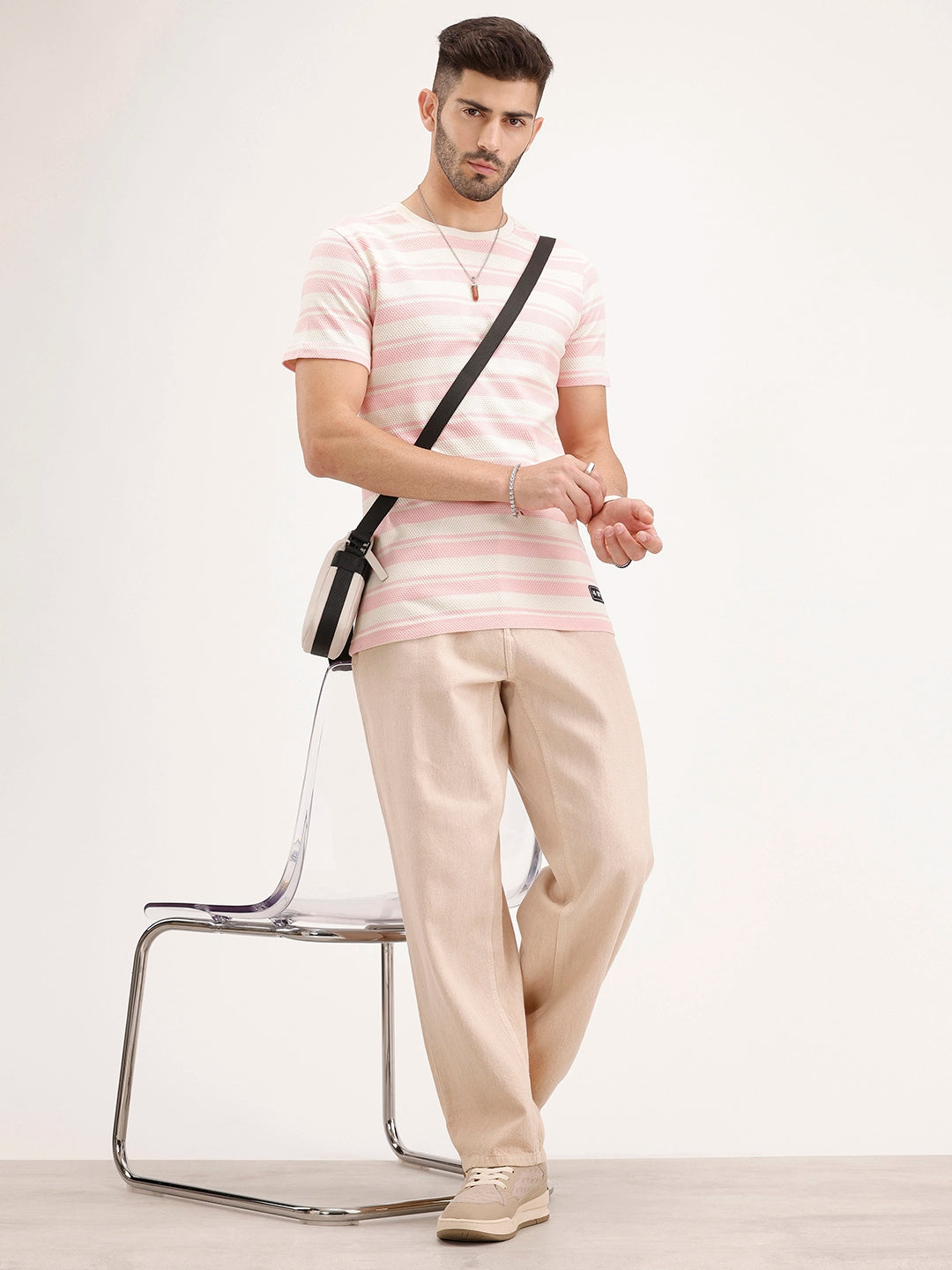 Slim Fit Popcorn Textured Striped T-Shirt | Pink