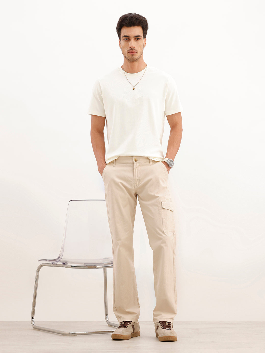 Solid Straight Fit Cargo Trouser | Beige