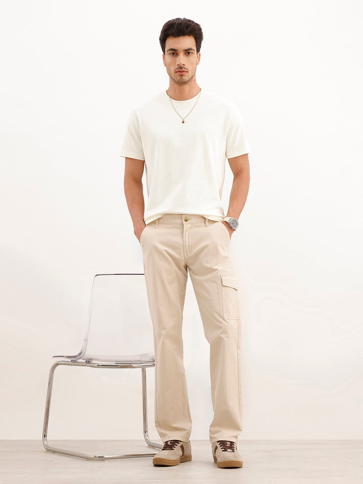 Solid Straight Fit Cargo Trouser | Beige