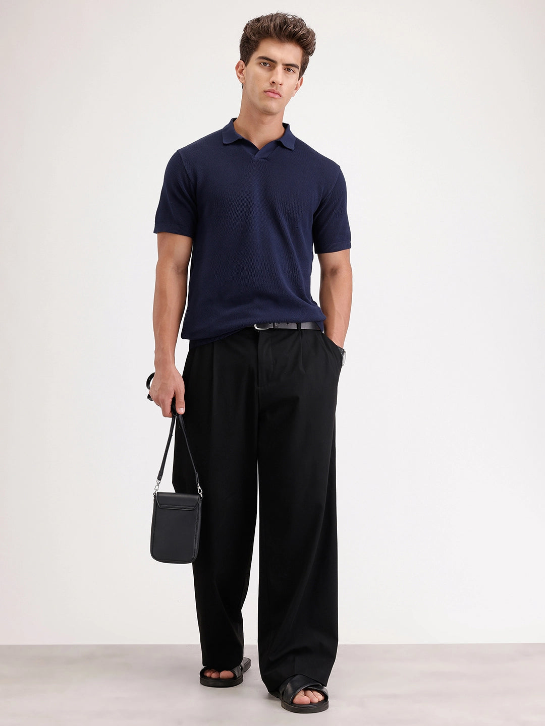 Slim Fit Flat Knit Polo T-Shirt | Navy