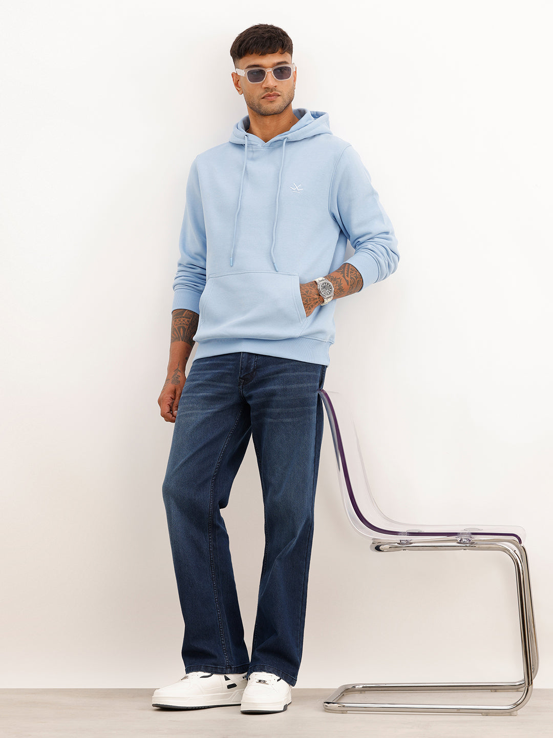 Solid Regular Fit Hooded Sweatshirt | Blue