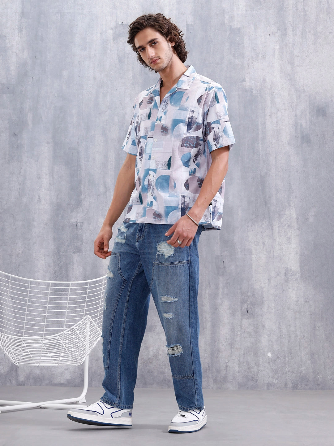 Abstract Aop Printed Comfort Fit Resort Collar Shirt | Blue