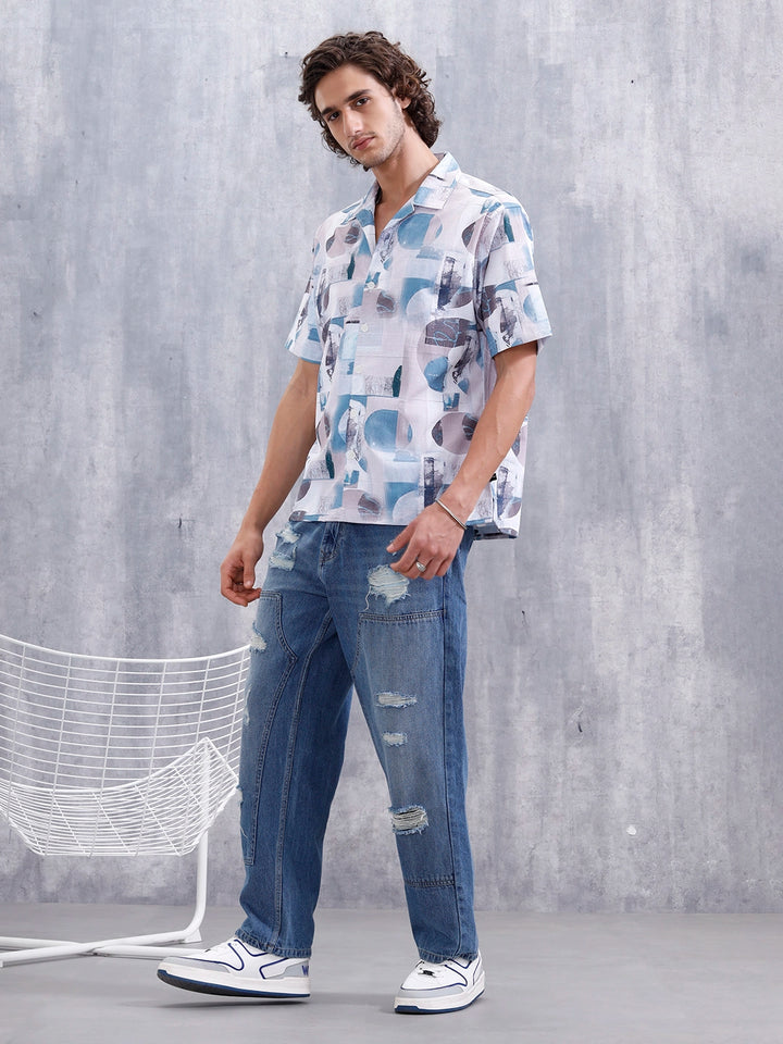 Abstract Aop Printed Comfort Fit Resort Collar Shirt | Blue