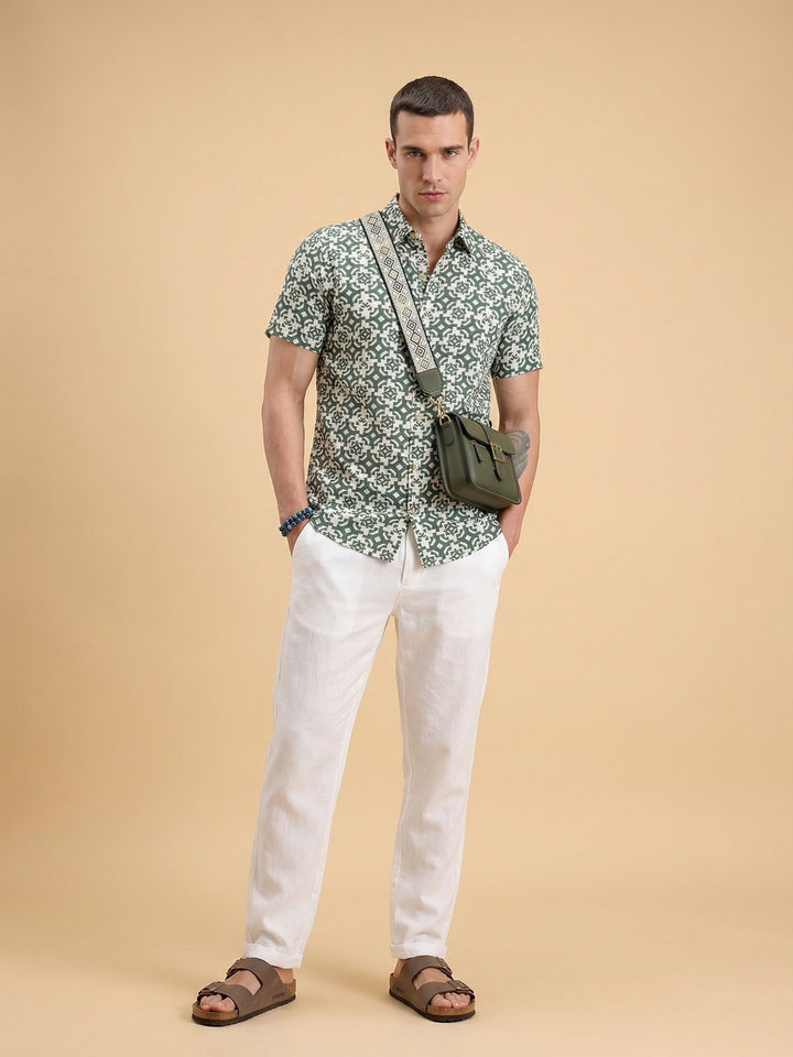 Slim Fit AOP Half Sleeve Shirt | Dark Green