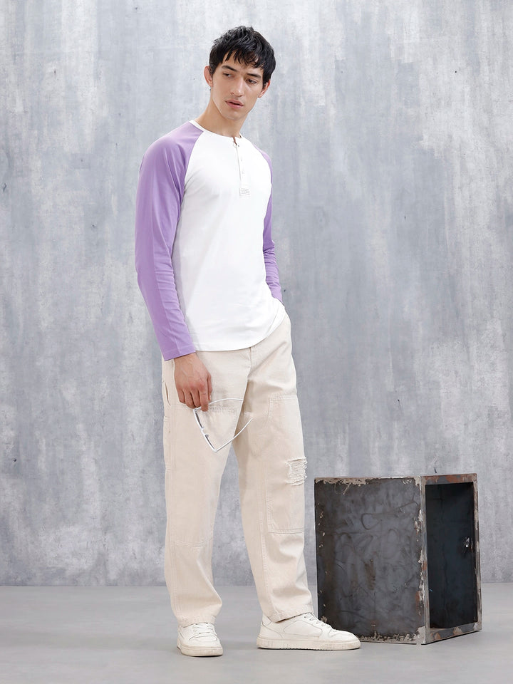Wrogn Men's Raglan Sleeves Colorblocked Henley T-Shirt | White