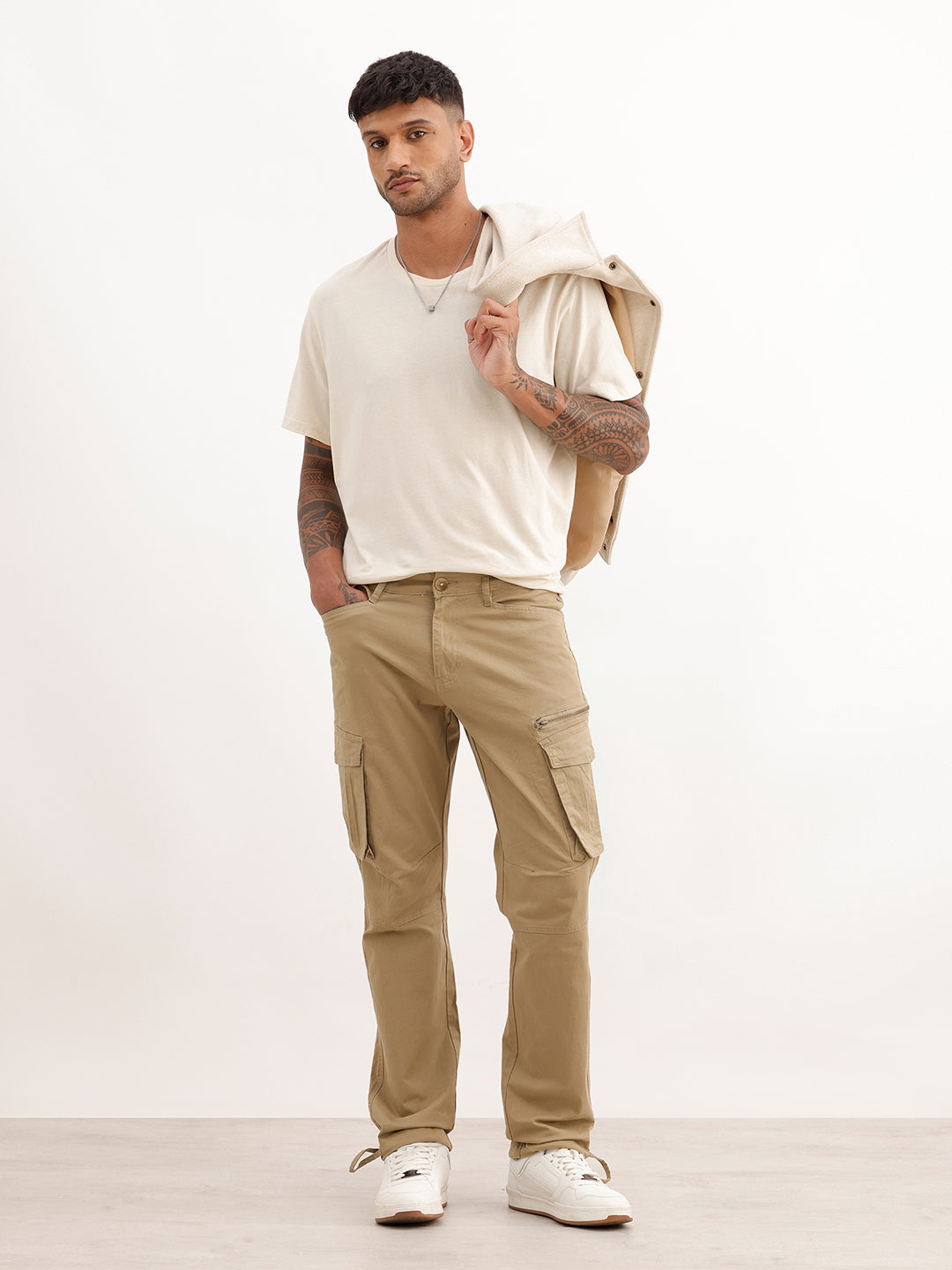 Solid Straight Fit Cargo Trouser | Beige