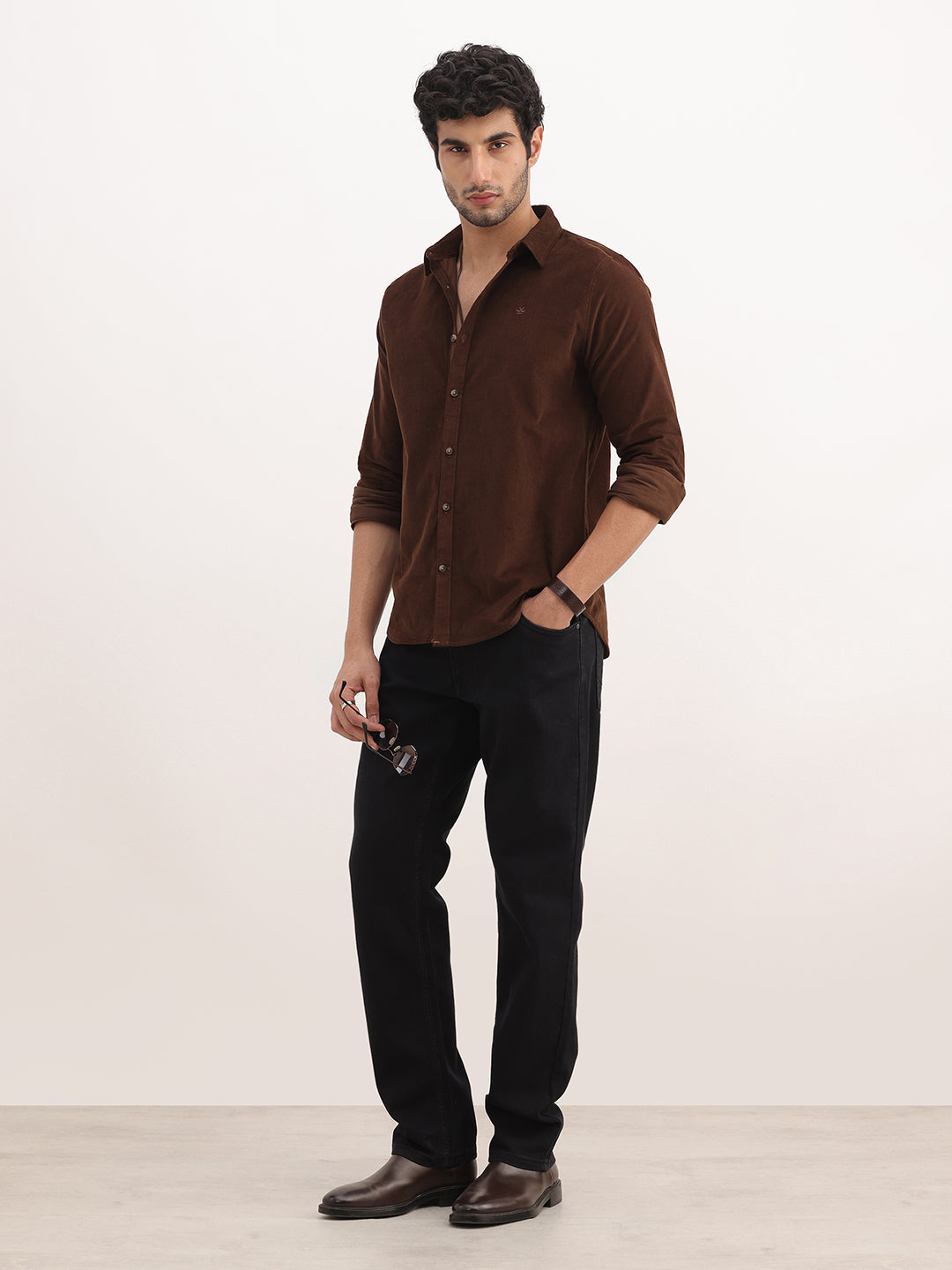 Slim Fit Solid Corduroy Shirt | Brown