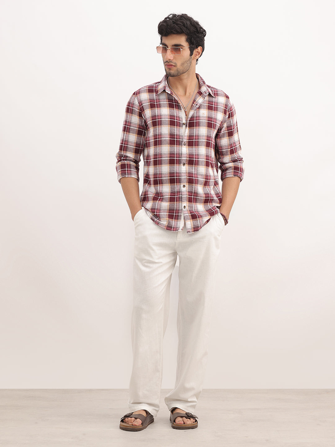Slim Fit Checkered Full Sleeve Shirt | Maroon