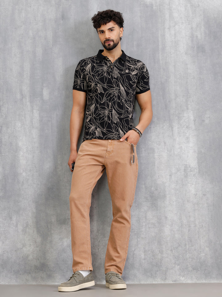 Floral Abstract Aop Polo T-Shirt | Black