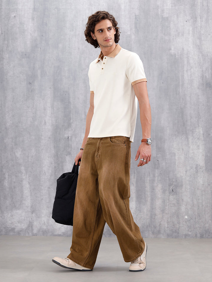 Men Slim Fit Polo Collar T-Shirt With Contrast Collar | Off White