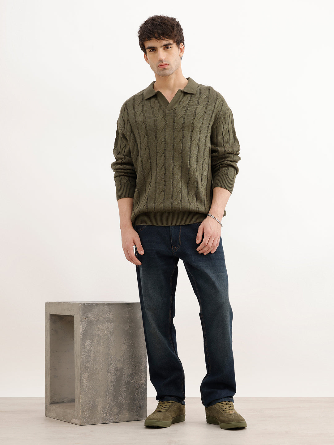 Solid Oversized Fit Cable Knitted Sweater | Olive | WSW02FSOS1083W