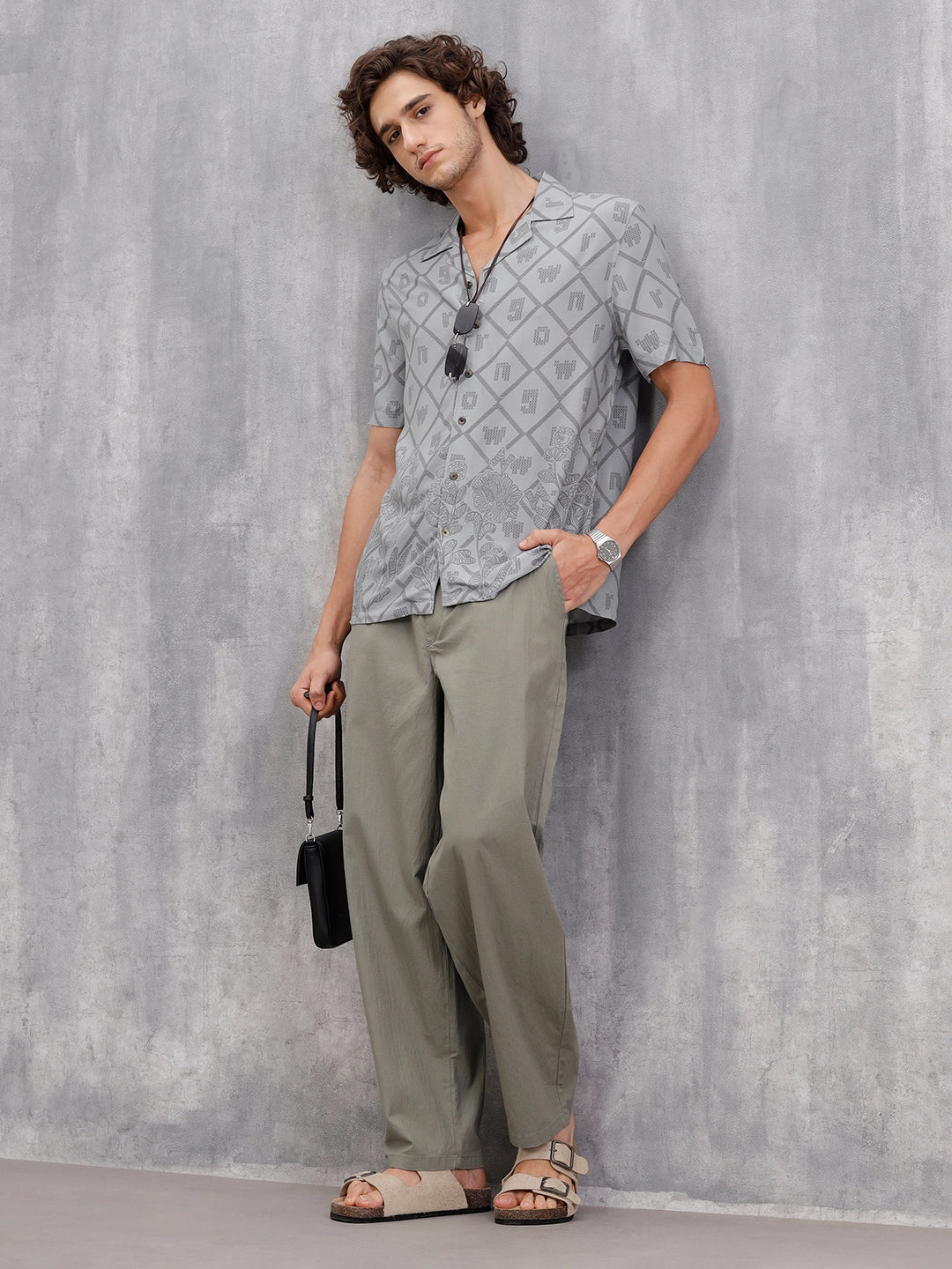 Fluid Placement Print Shirt In Resort Collar  |  Grey
