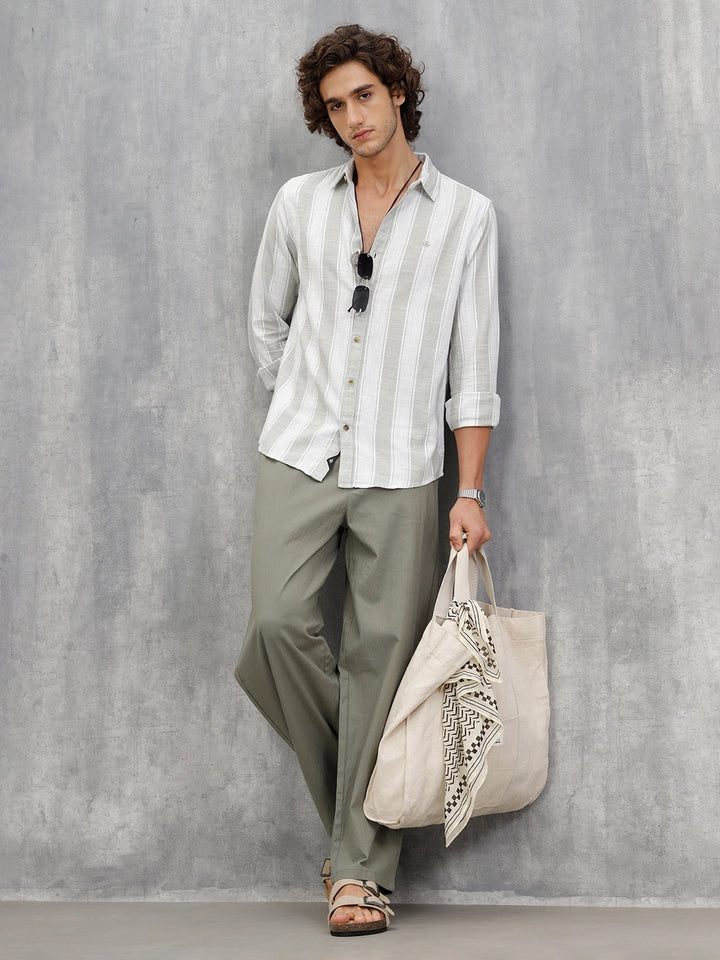 Light Weight Herringbone Stripe Shirt In Slim Fit  |  Light Green