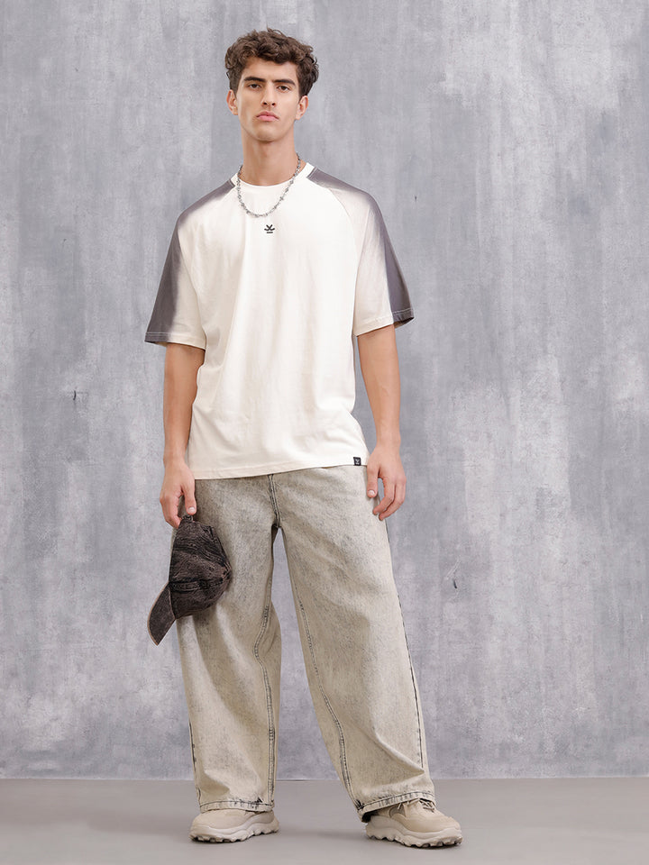 Placement Wash Oversized Fit Pure Cotton T-Shirt | Beige